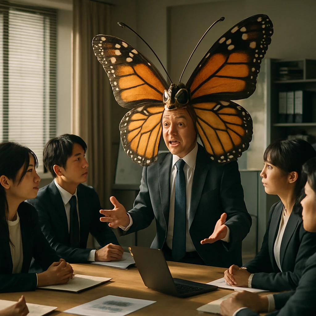 会議室で巨大な蝶の頭部をつけた男性課長が部下たちに指示を出している様子。