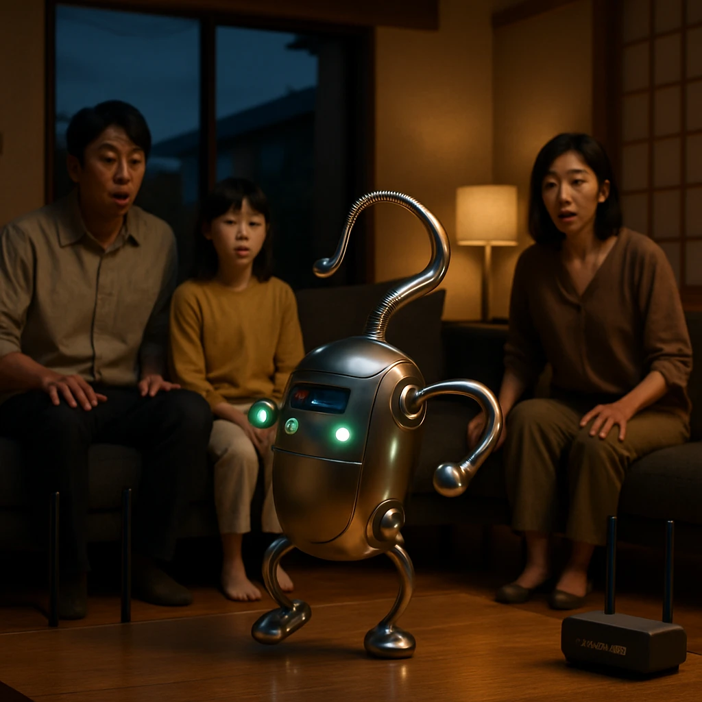 近未来的な日本のリビングで人工膵臓デバイスが踊る様子を驚いた家族が見守っている写真風のイメージ。