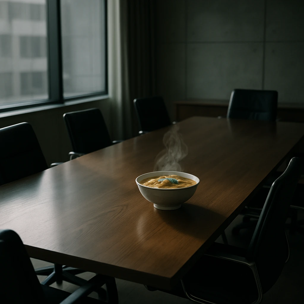 会議室の大きなテーブルにラーメンだけが置かれ、誰も座っていない様子の写真。