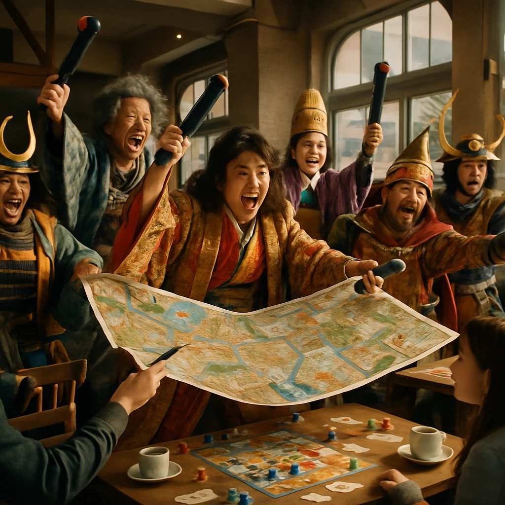 戦国コスプレ姿の大人たちが巨大な観光地図を広げ、ボードゲームカフェのテーブルを賑やかにデコレーションしている様子。