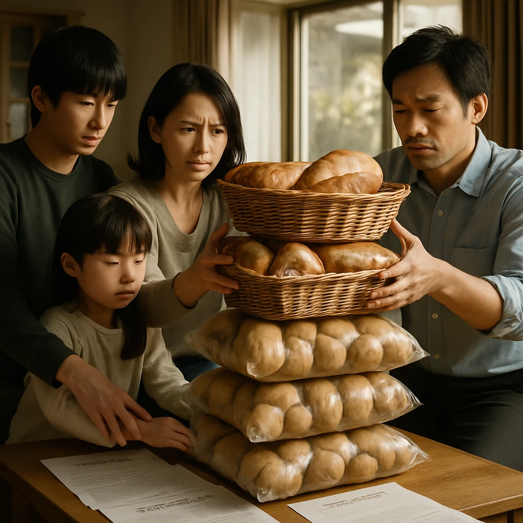 日本の家族がリビングでジャガイモの袋とパンの山を積み上げ、通帳やローン契約書がテーブルに散らばっている光景。