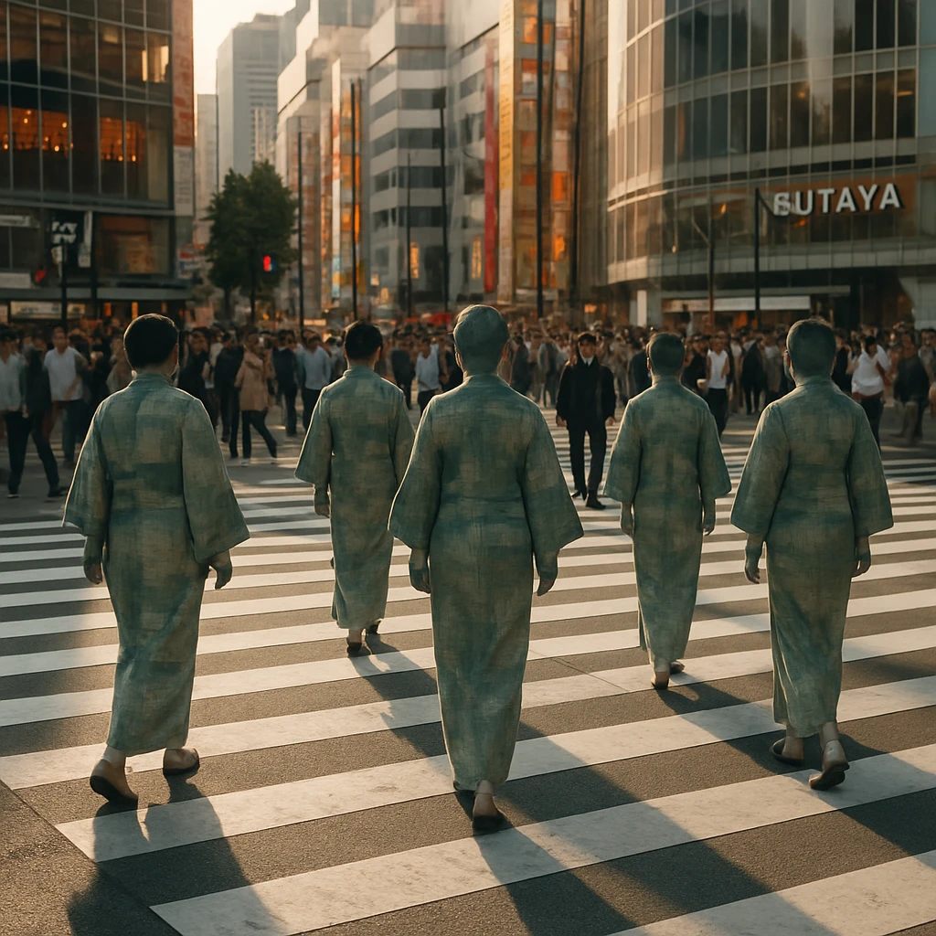 渋谷交差点で、背景と一体化するカメレオン着物を着た人々がかすかに浮かび上がっている写真。