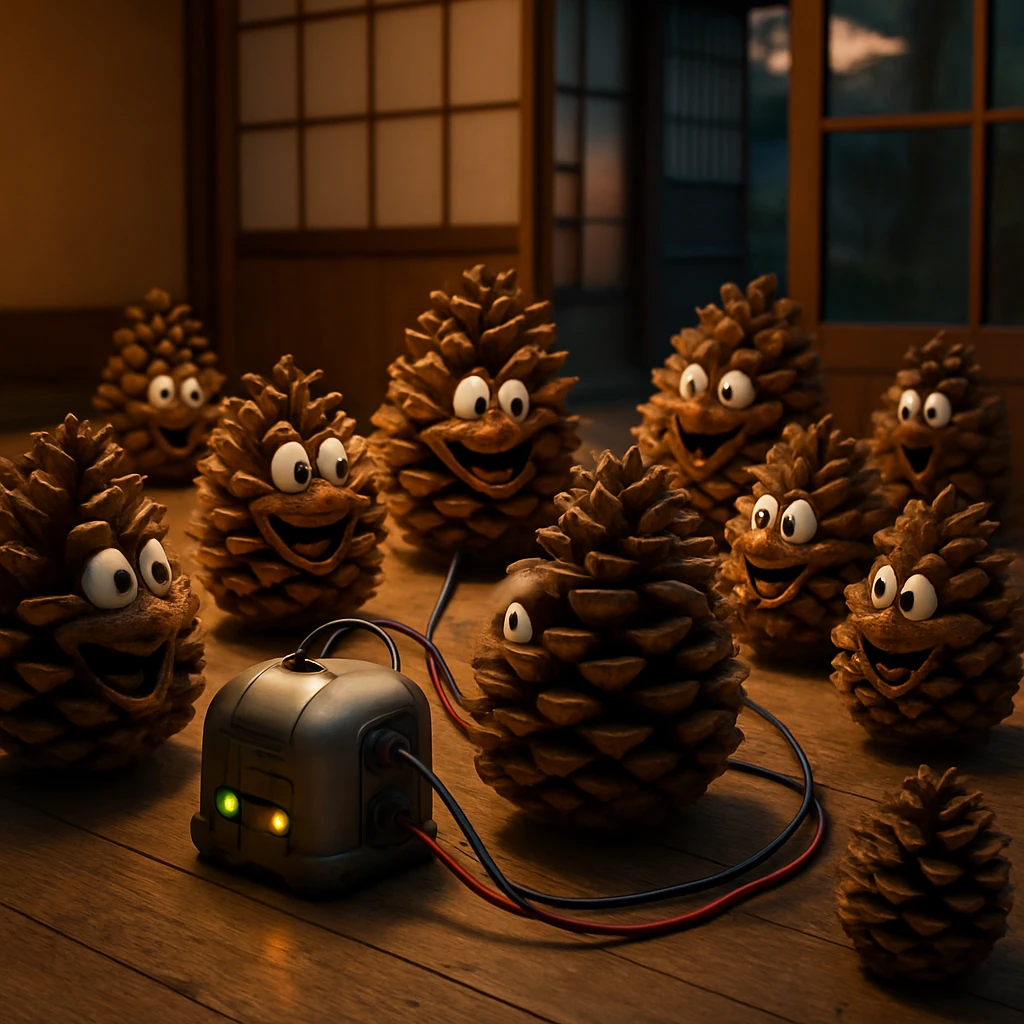 和やかな室内の床で、顔が描かれた松ぼっくりたちが発電装置に接続されて会話している様子。