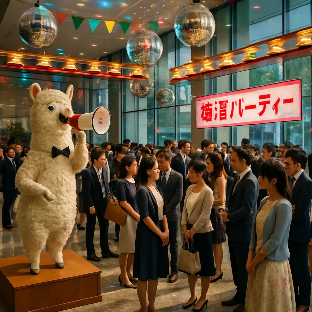 役所のロビーが婚活パーティー会場になり、住民たちとアルパカ型ロボット司会者が集まっている様子。