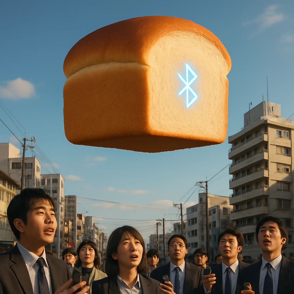 日本の都市の朝、空に巨大な食パン型の雲が浮かび、人々がスマホやUSB機器を手にして見上げている写真。