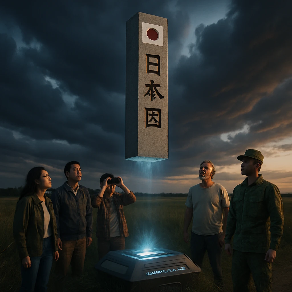 日本の国境標識が空中に浮かび上がり、人々が驚いて見上げている光景。