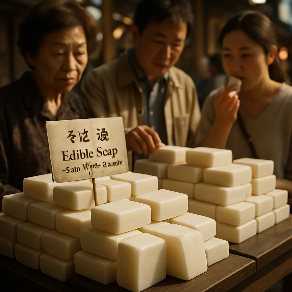 朝市の屋台で白い石鹸が和菓子のように並び、ひとつが切られて断面が見えている様子。