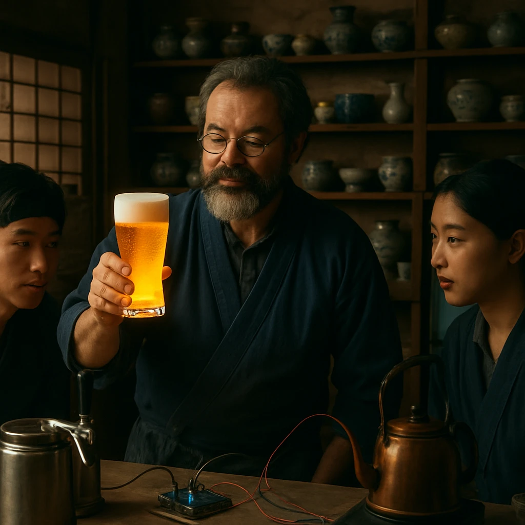 瀬戸焼工房で、ビールグラスを手にした職人と若い陶芸家たちが最先端ガジェットとともに並ぶ様子。