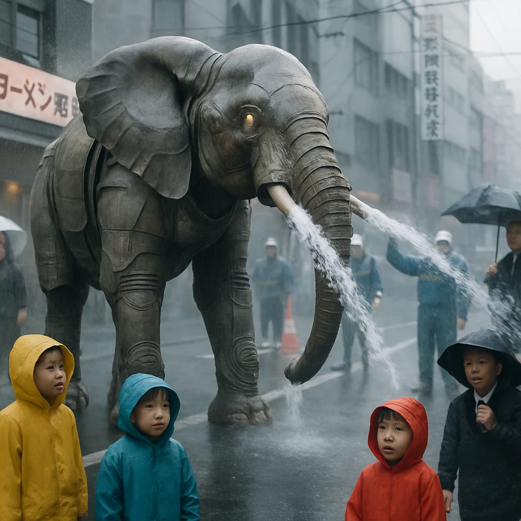 日本の雨の街角で鼻から大量の水を噴き出して号泣しているゾウ型ロボットと、それを驚いて見守る人々の様子。