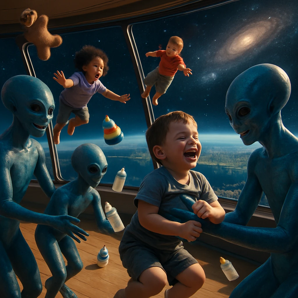 宇宙人の保育士たちが無重力状態の中で地球の子どもたちを世話している未来的な託児衛星ステーションの写真。