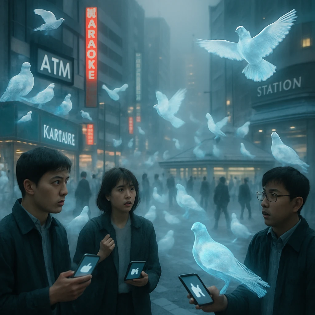 無数のデジタル風のハトが駅前やATM、ビルの屋上に着地し、街が白い羽で覆われている様子の写真風画像