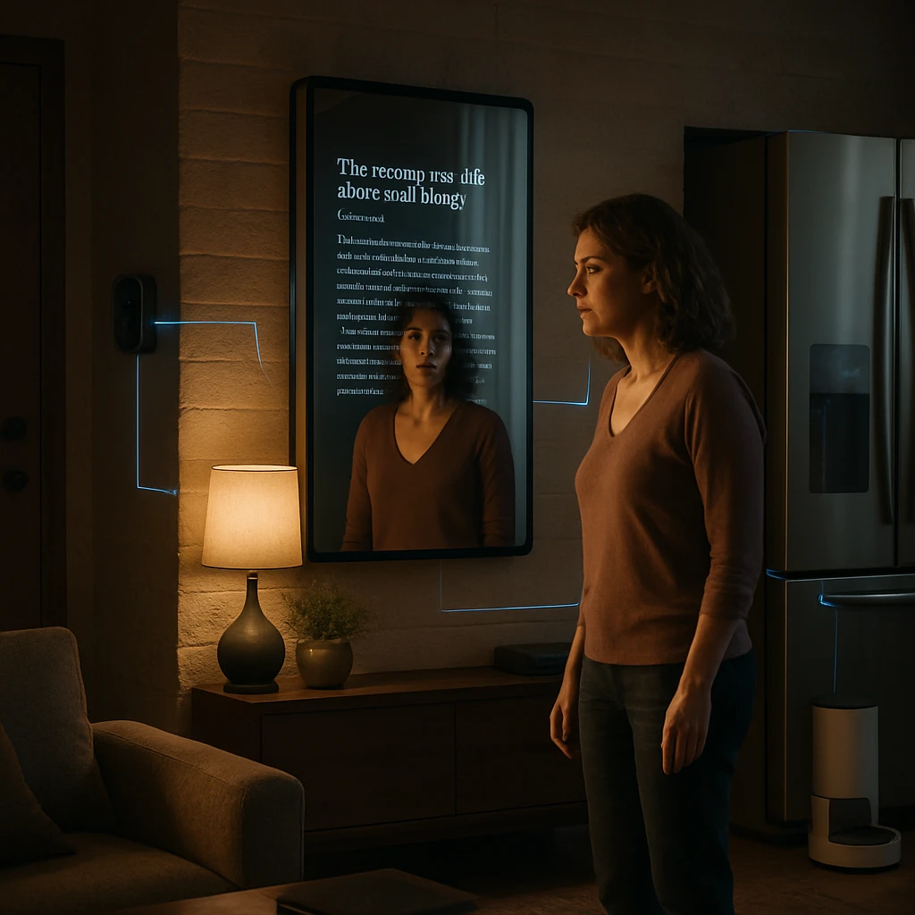 リビングの壁に設置された未来的なスマートミラーが発光し、40代女性が驚きながら鏡の前に立っている様子。