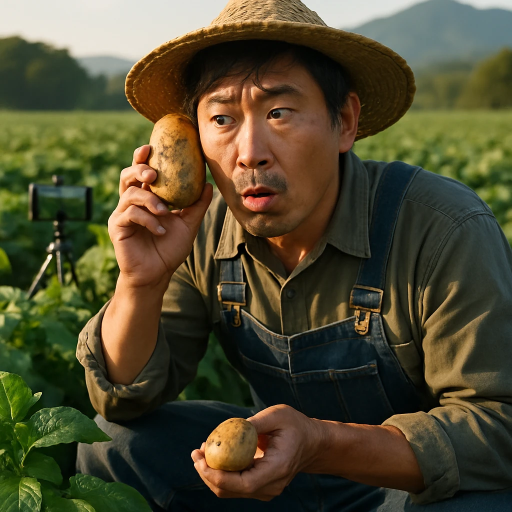 畑で男性の農家がジャガイモに耳を近づけて驚いた表情をしている様子。