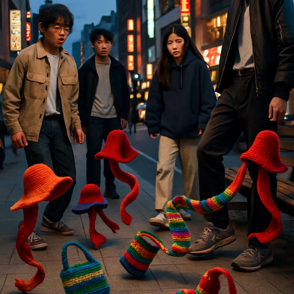 東京の夕方の歩道で、自ら動くカラフルなクロシェ編みのファッション小物が若者たちの間を駆け抜ける様子。