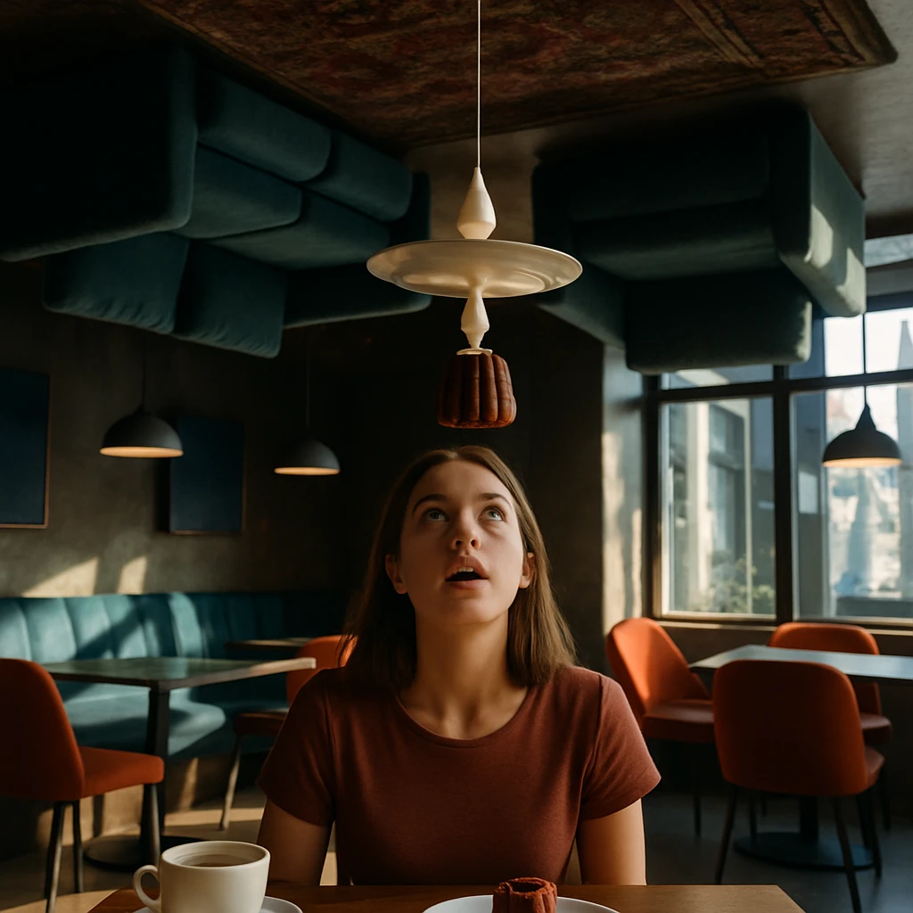 天井から吊るされた皿と逆さまのカヌレを驚きながら見上げる女性客と、逆さに設置された内装のカフェ店内の様子。