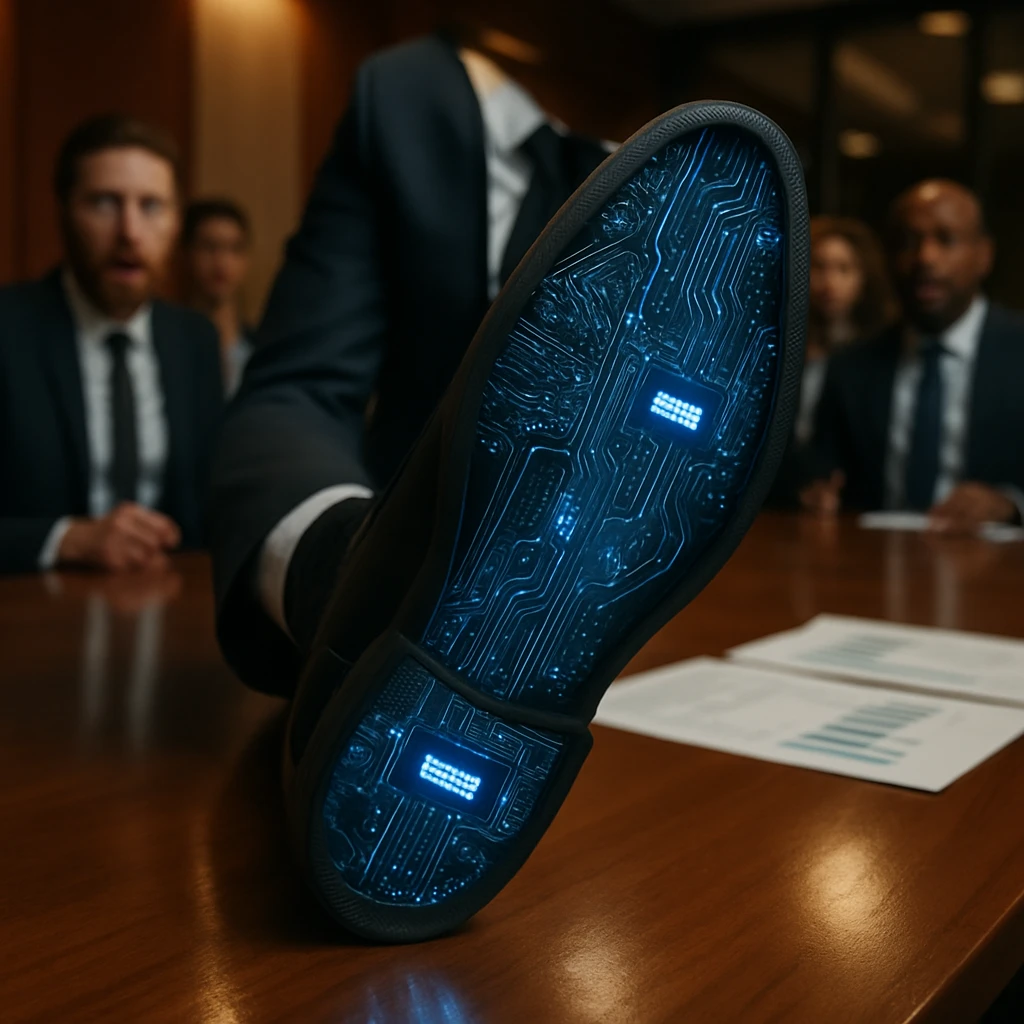 会議室のテーブルに置かれたビジネスマンの靴底に、電子回路や小さなLED表示が埋め込まれているリアルな写真。