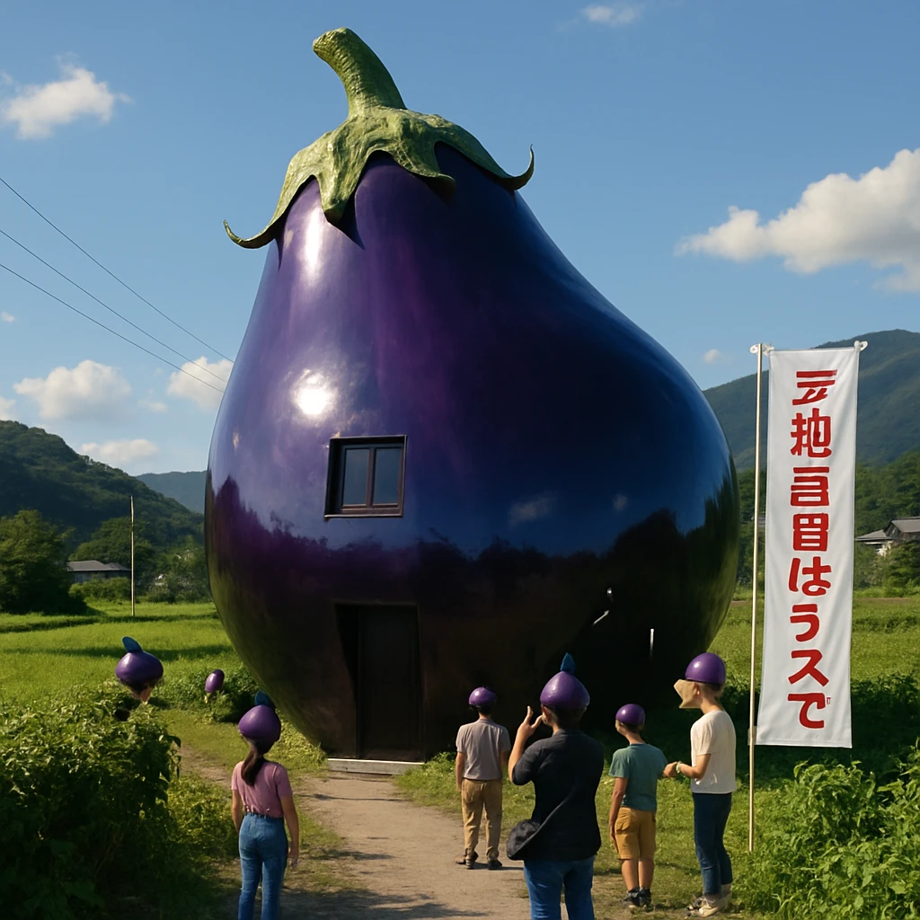 田園風景の中に巨大なナス型住宅が建ち、ナス帽をかぶった人々がその前で写真を撮っている様子。