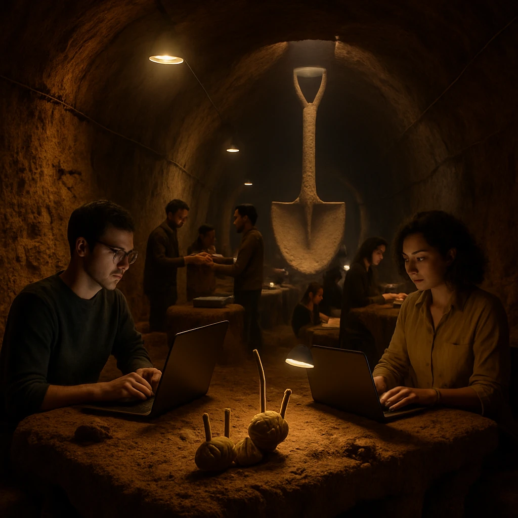 地中深くの暗いコワーキングスペースで、土壁に囲まれた室内で人々がパソコン作業し、巨大なスコップ型のオブジェが奥に見える写真風画像。