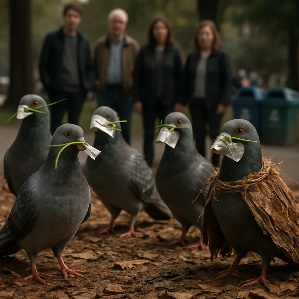 緑色の植物や新聞紙を頭に巻きつけた奇妙な鳩たちが、公園のコンポスト状の地面で活動している写真です。