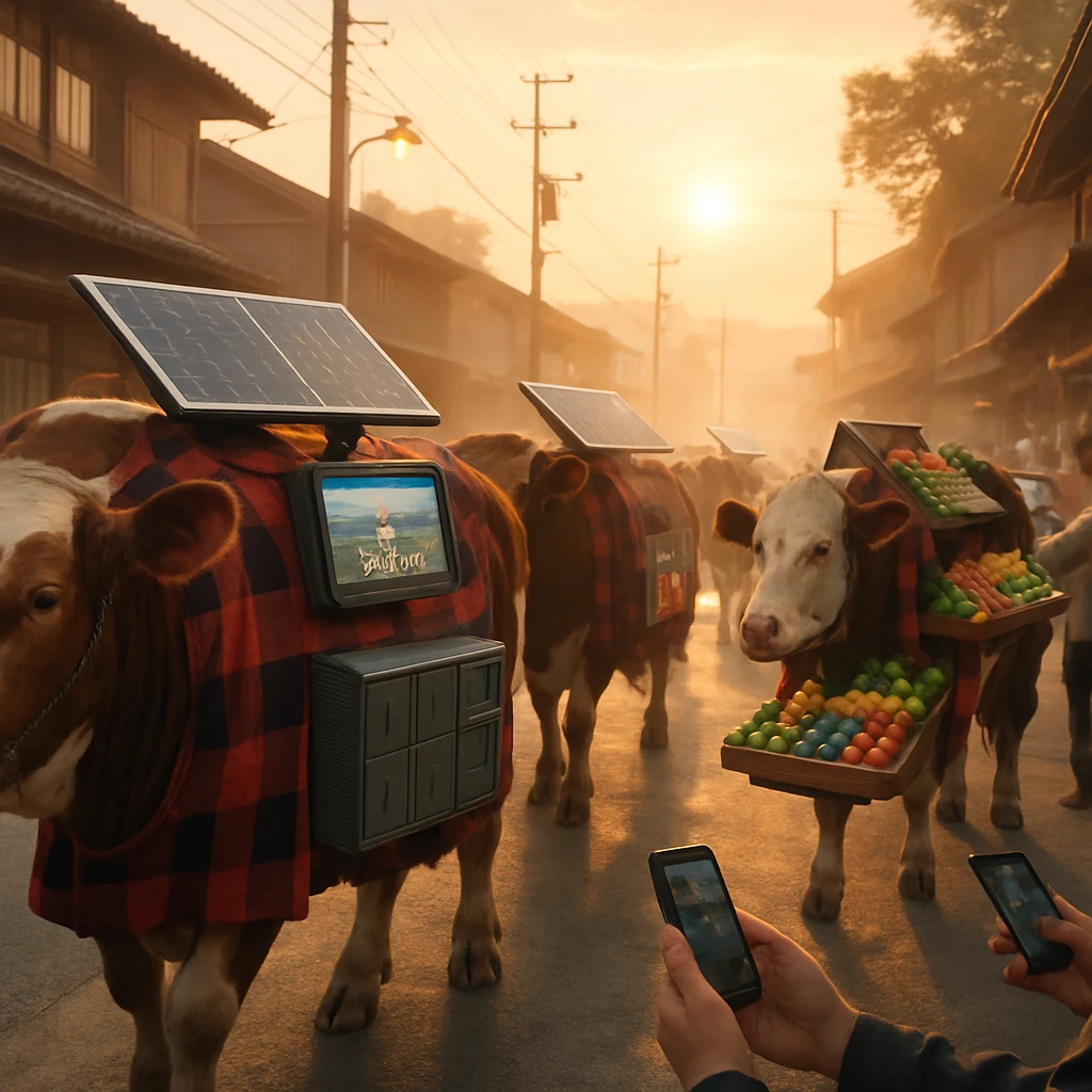 浦鞘町の町並みを歩く、ソーラーパネルやLEDスクリーン、法被を身につけた牛たちと、それにスマートフォンで指示を出す人々の様子。