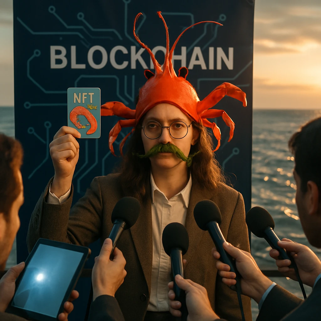 ザリガニ帽と海藻の口ひげを身につけた女性が海辺の記者会見でシュリンプ型NFTカードを掲げ、背後にブロックチェーンのパネルが見える様子。