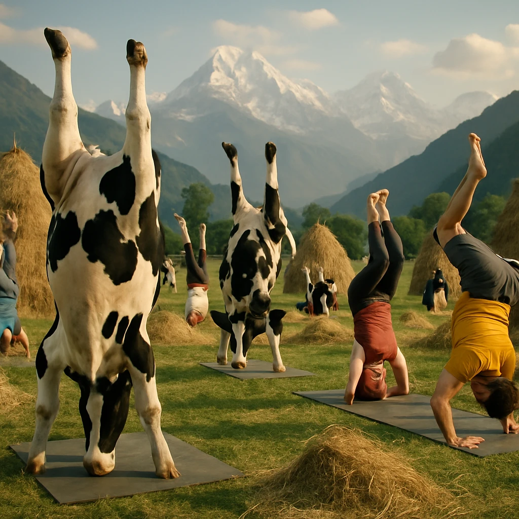 ヒマラヤの麓で逆さまになってヨガのポーズをとる人々と牛たちが藁山のある野外競技場で並ぶ様子。