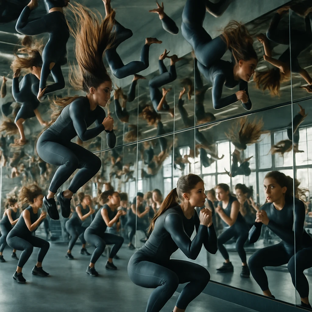 ジムの天井付近で、未来的なウェアを着た多くの女性が逆さまに浮かびながらスクワットをしている様子。