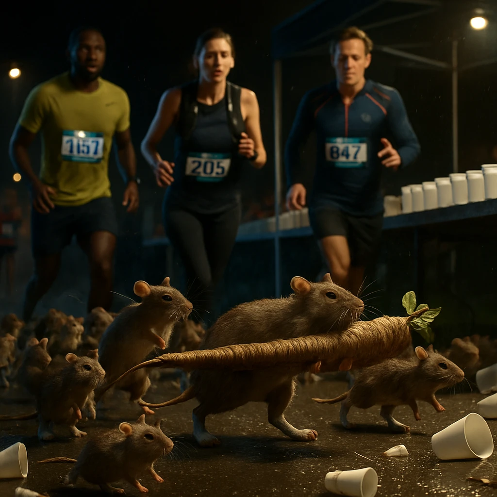 給水所を走り抜ける靴下を履いた大量のねずみたちと驚くマラソンランナーたちの夜のひとコマ。