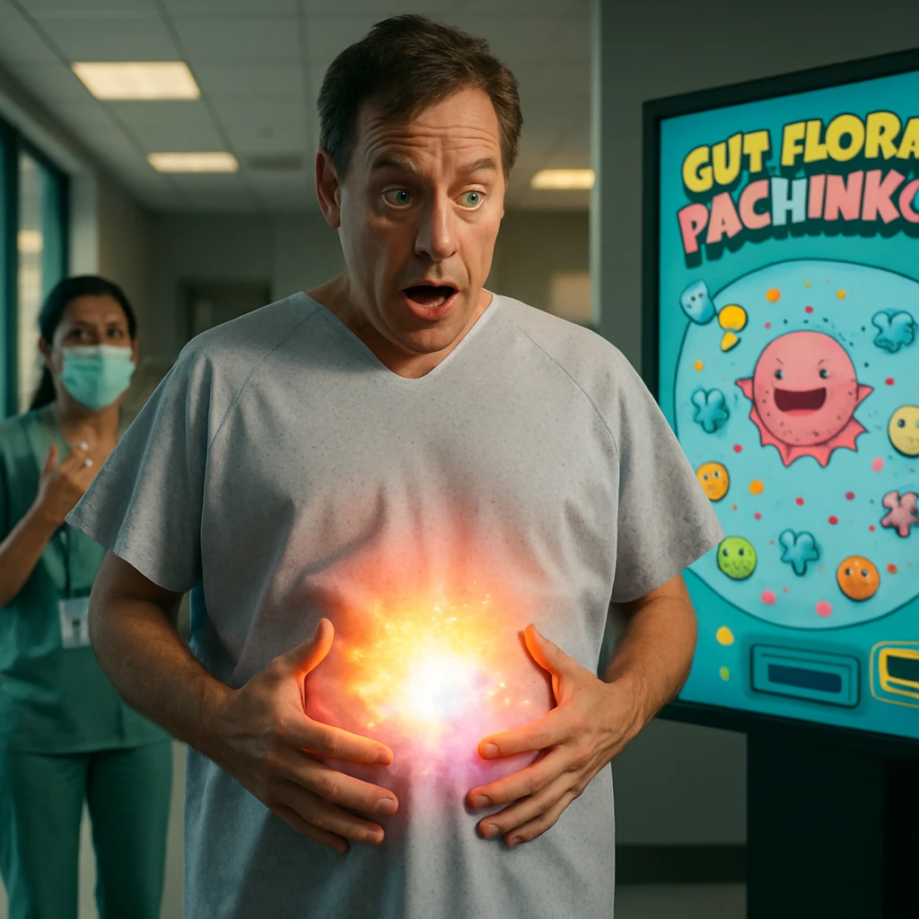 病院の待合室でお腹からカラフルな光を放つ中年男性と驚く看護師たちの様子。