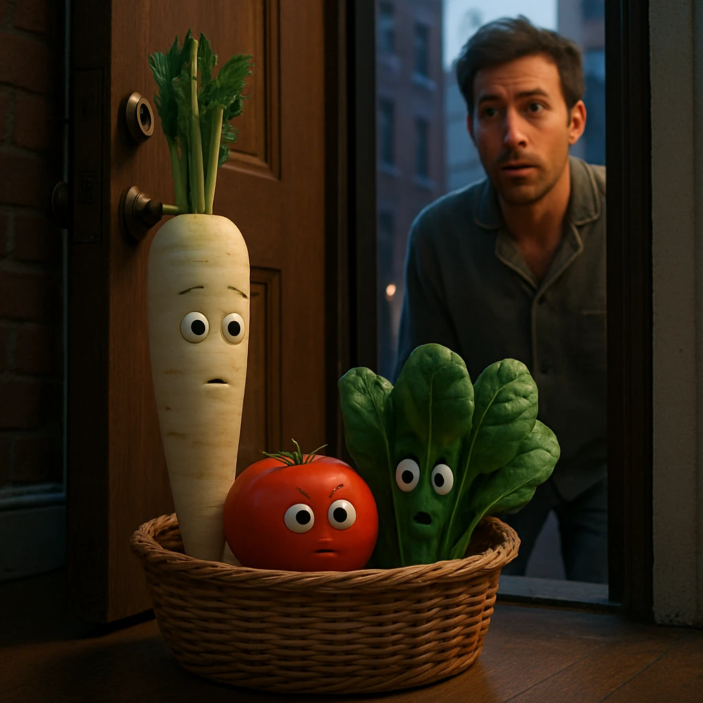 早朝の玄関先で、自動運転バスケットに入ったナスやトマトなどの野菜がドアの前にいる様子を男性が驚いた表情で見ている写真。