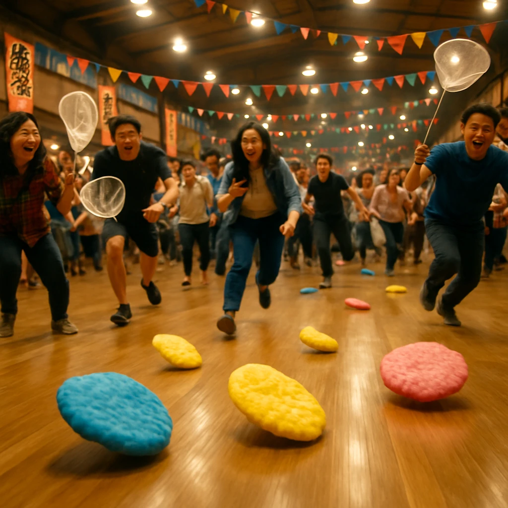 カラフルな煎餅を必死に追いかける人々が、にぎやかな会場内で走っている様子の写真。