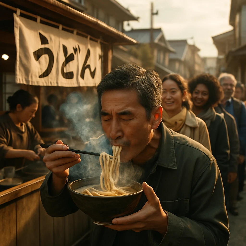 長蛇の列ができた仮設うどん店で、透明感のある蒸気を吸い込む客の様子。