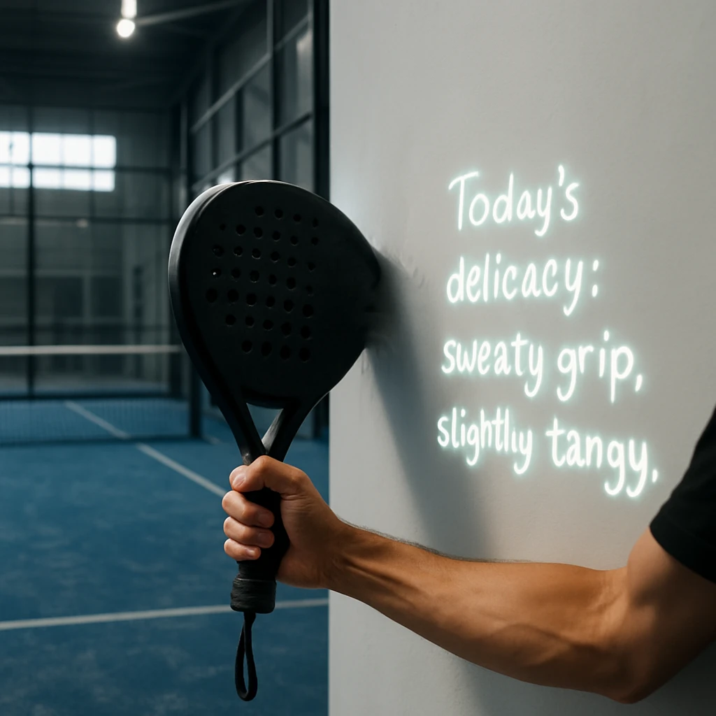 パデルコートでプレイヤーのラケットが壁に吸い込まれかけている瞬間と、壁に浮かぶ手書き風の文字の様子。