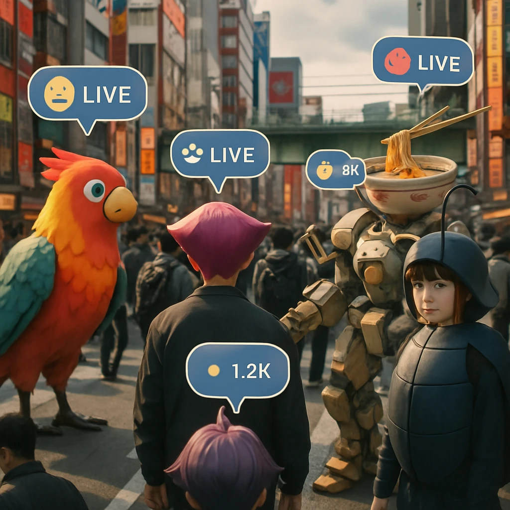 秋葉原中央通りで、さまざまなアニメ風アバター姿の人々が歩き、空中にはコメントや配信アイコンが浮かんでいる様子。