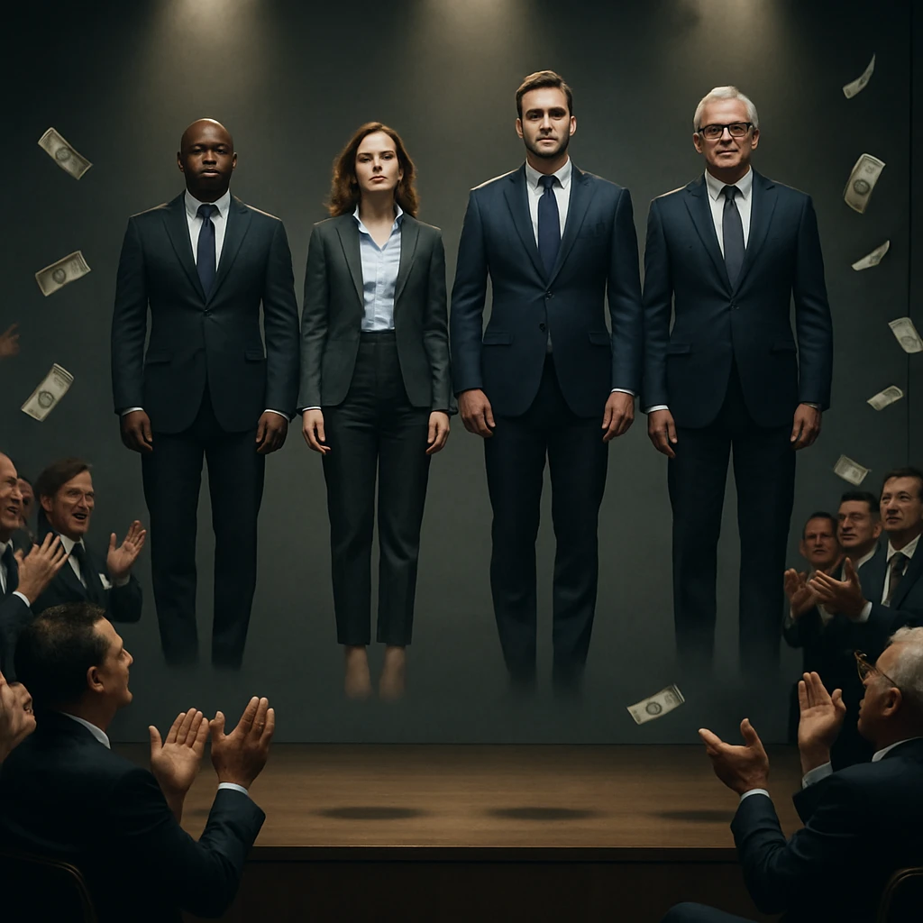 足首から下が消えて浮いているビジネススーツ姿の開発チームが投資家の前で壇上に立つ様子。