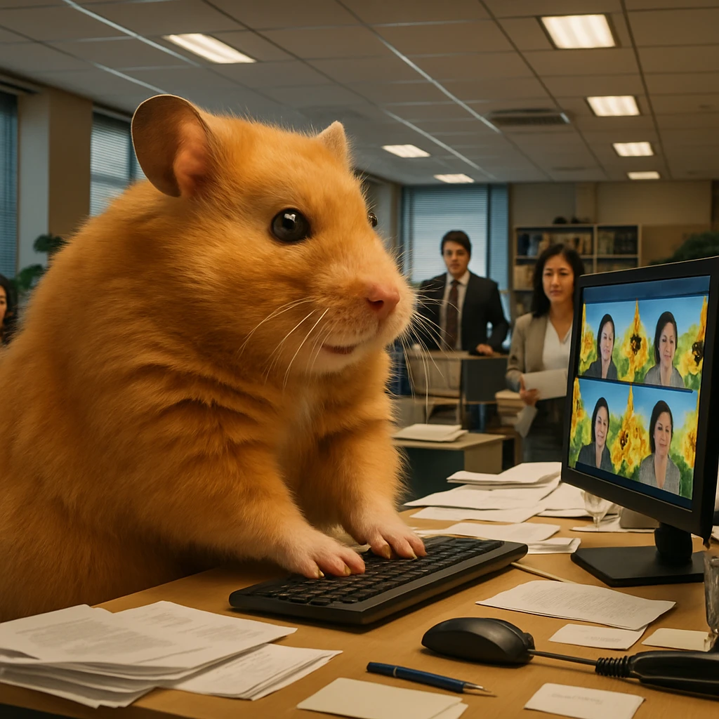 大きなゴールデンハムスターがオフィスのデスクでパソコンを操作し、社員たちが驚いた表情で見守る様子。