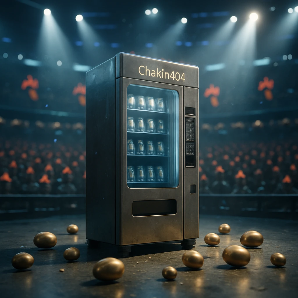 デジタルアリーナの中央に立つ自販機と金の卵、奥にトサカ付き観客アバターが並ぶ光景。