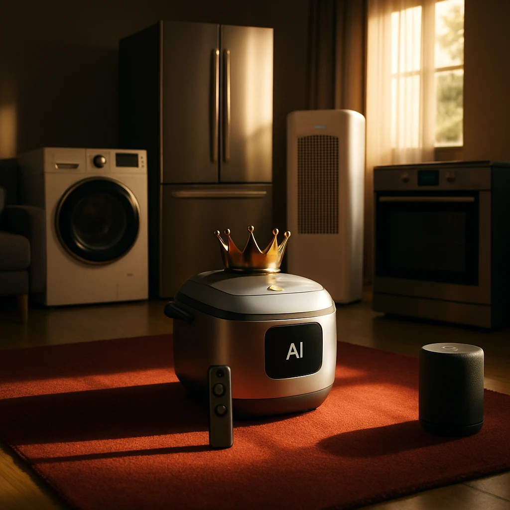 赤い絨毯の上に王冠を載せた炊飯器がリビングの中央に鎮座し、周囲を家電製品が取り囲んでいる写真。