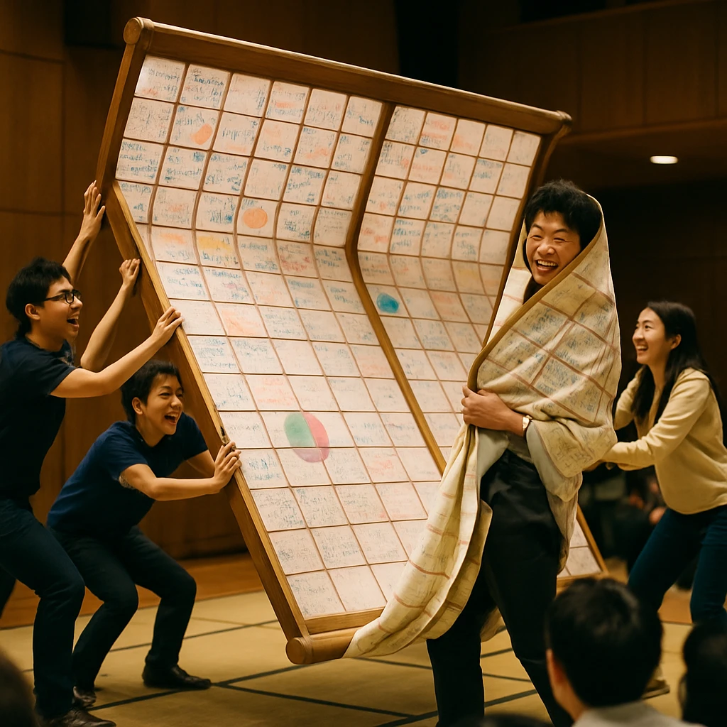 大学の講堂で学生たちが巨大な障子に書き込みながら畳の上で転がしている様子。