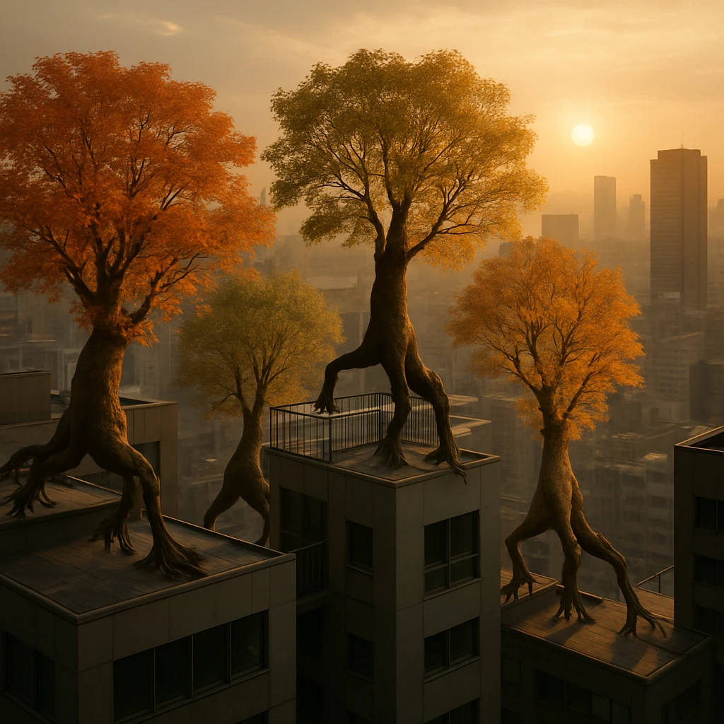 大阪市中心部のビル屋上を歩く複数の落葉樹が、根を持ち上げて行進している様子。