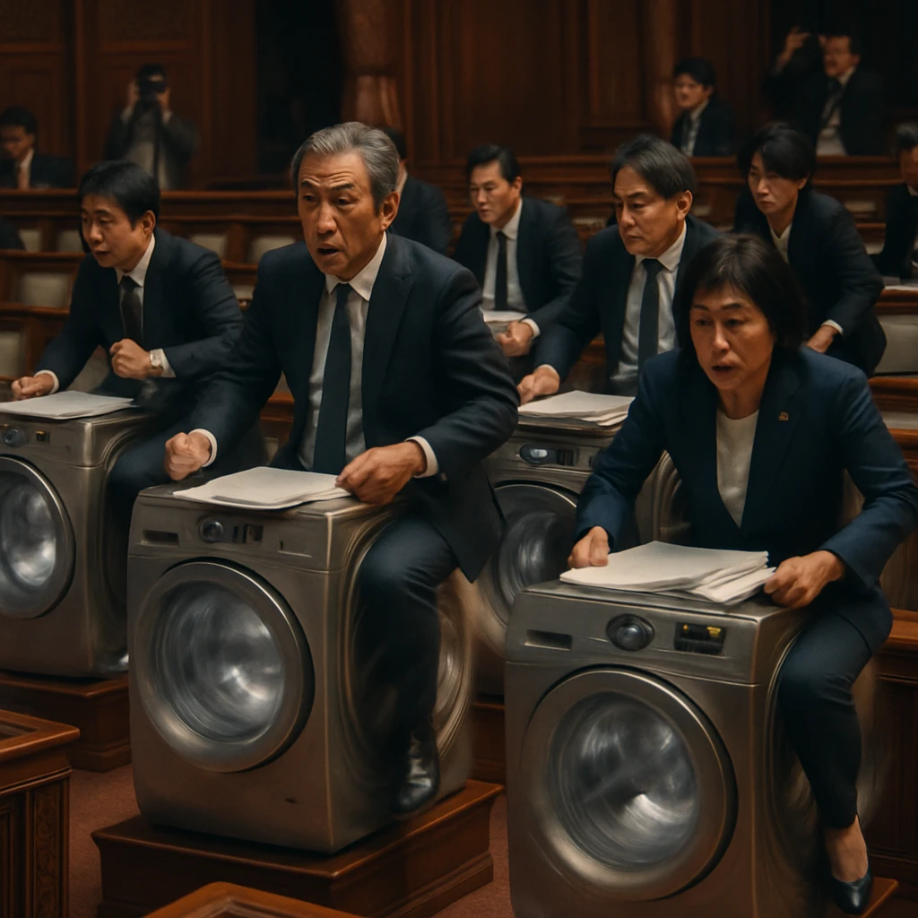 国会議場のすべての議席が最新のドラム式洗濯機に置き換えられ、議員たちが正装でその上に座っている様子。