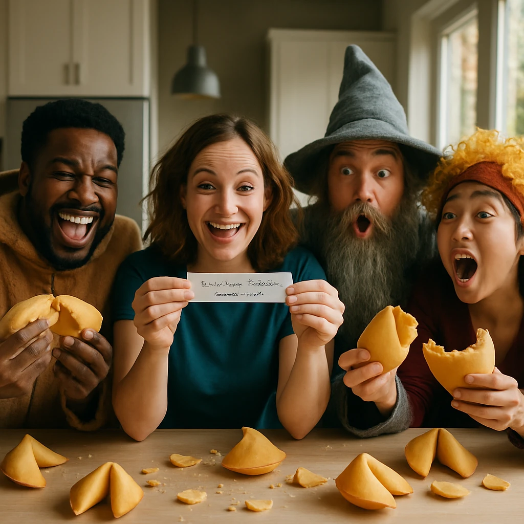 明るいキッチンで人々が大きなフォーチュンクッキーを割り、中の紙を驚きと笑顔で見せ合う様子の写真です。