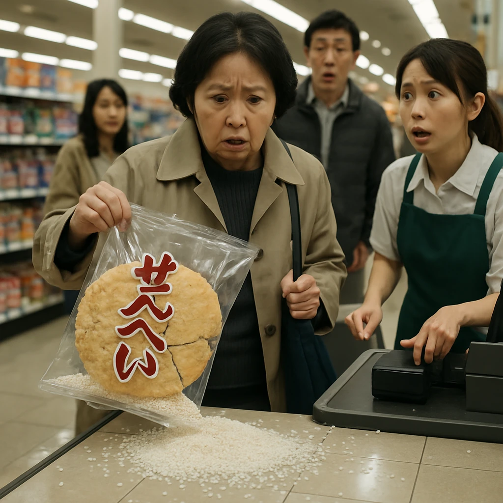 スーパーマーケットのレジ前で煎餅製のレジ袋が割れて床一面に米が広がっている場面。