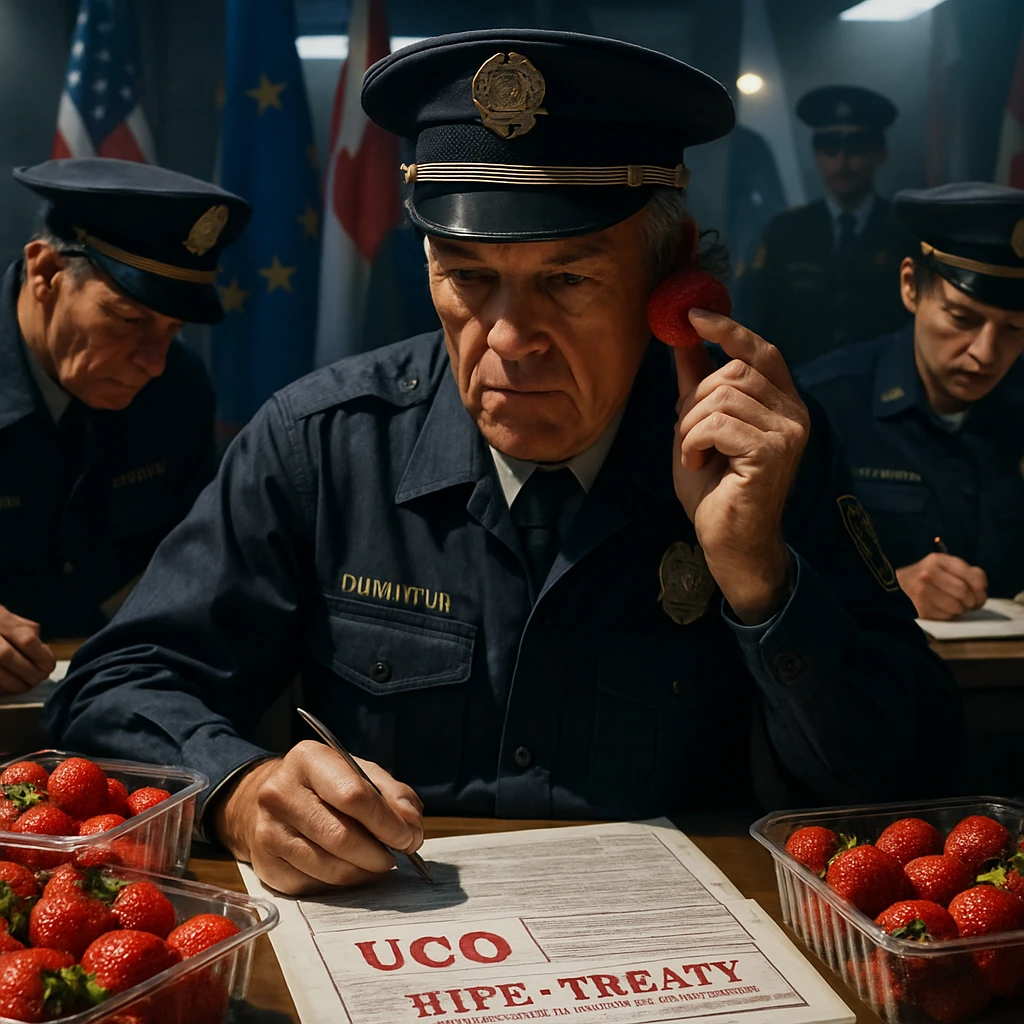 国際的な税関検査室で検疫官がイチゴを厳しく調べている様子の写真風イメージです。