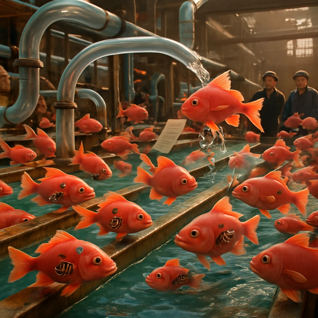 工場内の水流式装置でコーラルピンク色の熱帯魚が自分で組み立てを行い、従業員が困惑した表情で見守っている様子。