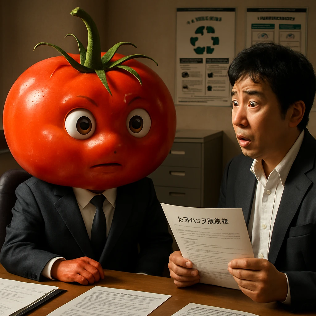 スーツを着た大型のしゃべるトマトが市役所の面接デスクで日本人住民を面接している様子。