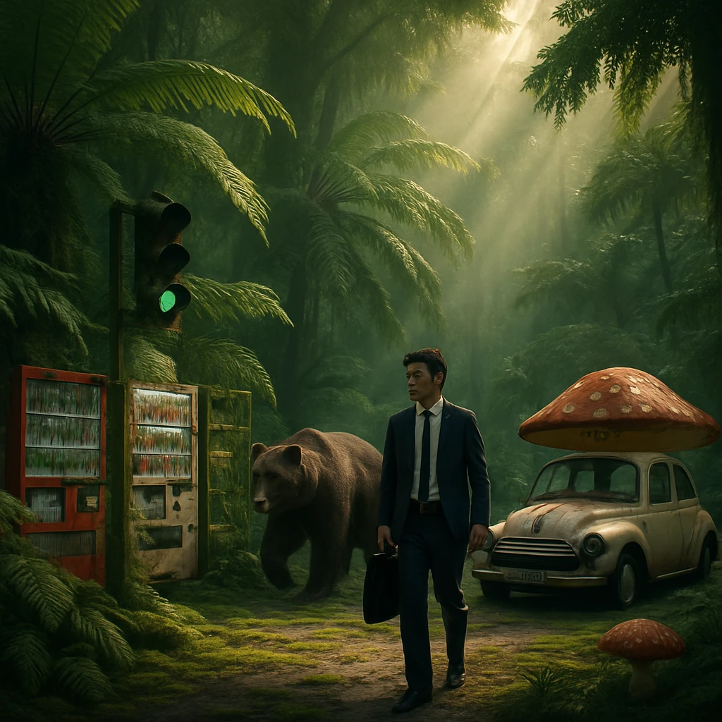 駅前ロータリーが巨大なシダやコケに覆われ、クマとキノコ型タクシーが歩く非日常的な朝の風景。