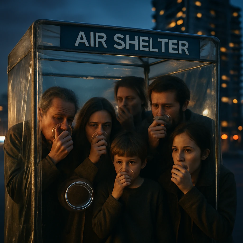 高層集合住宅の前に設置された透明なエアシェルター内で、複数の男女と子どもがプラスチック製の呼吸窓から換気用酸素を深呼吸している様子。