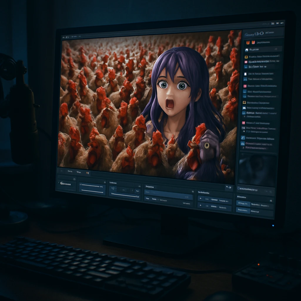 深夜の部屋で、パソコン画面が大量の3Dバーチャル鶏で埋め尽くされているストリーミング配信の様子。