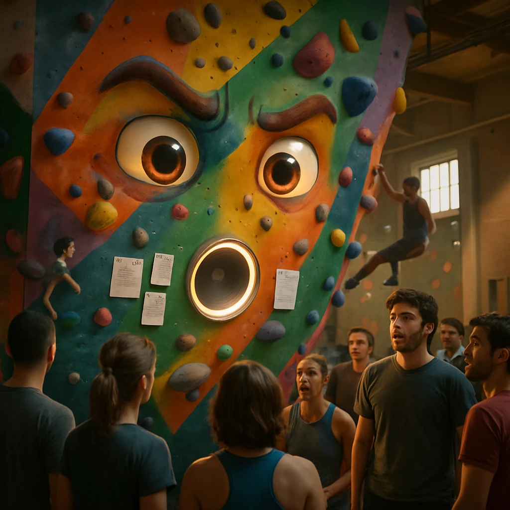 多くのクライマーが集まるジム内で、デジタルな目とスピーカーがついたボルダリングウォールに書類が貼られ、驚く人々がその壁に注目している様子の写真。